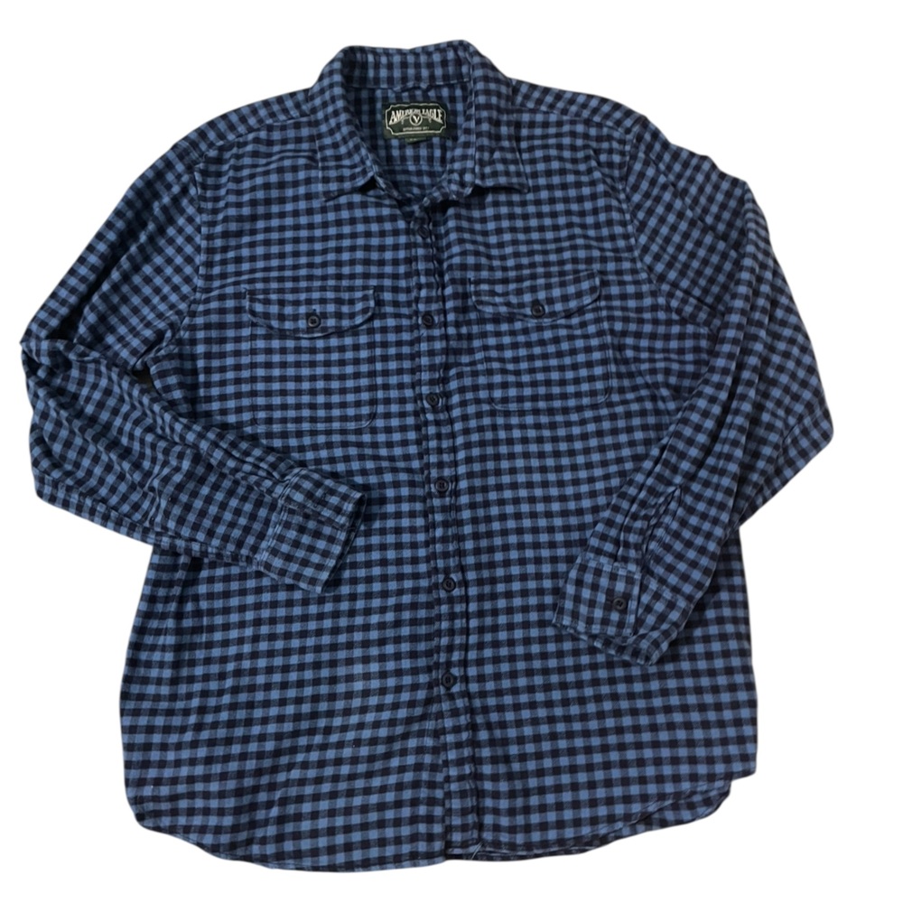 American Eagle Black Blue Checkered Flannel Shirt XL | 100% Cotton Mens‎